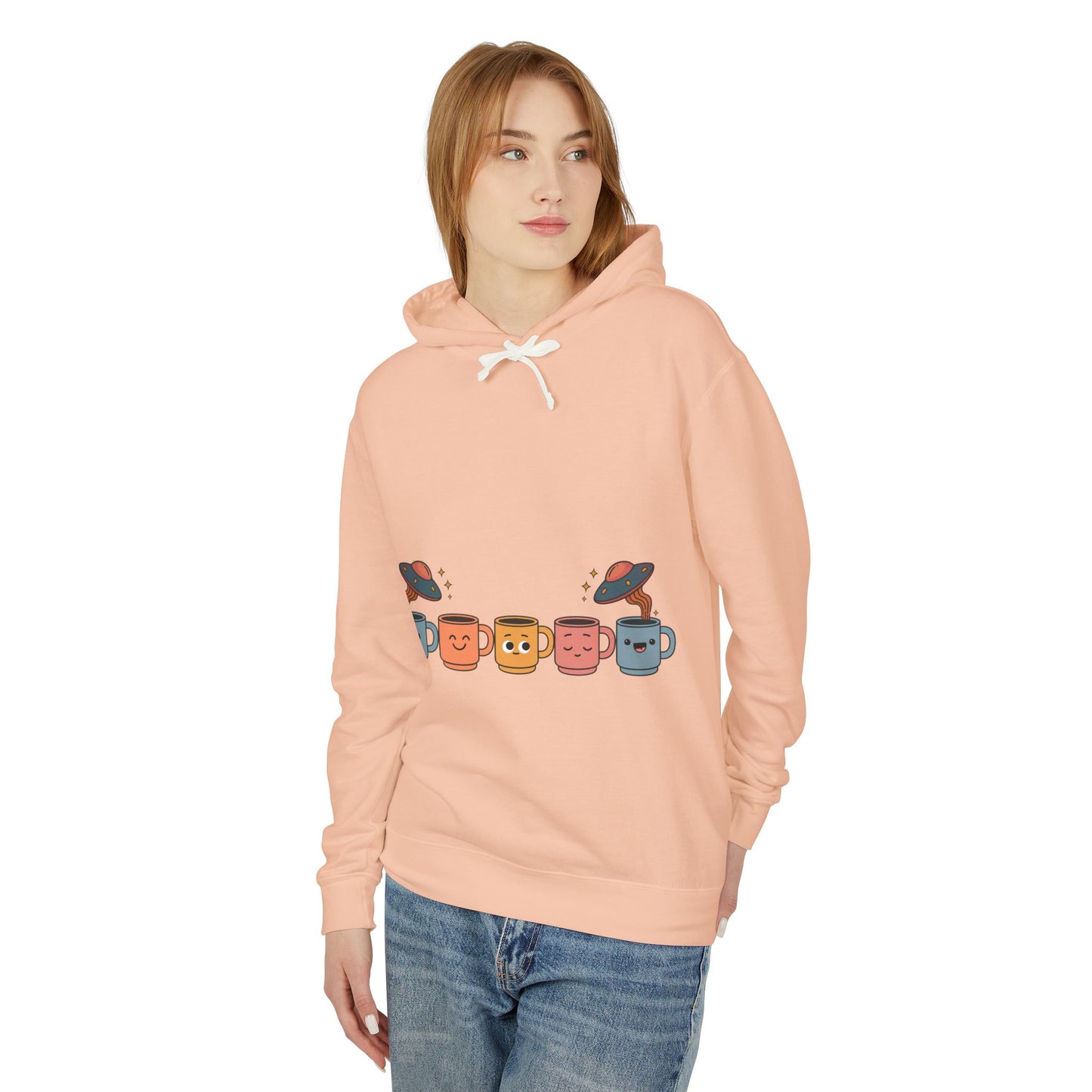Quirky UFO Coffee Cup Lover's Hoodie, Unisex Lightweight Hooded Sweatshirt for Coffee Enthusiasts, Unique Coffee Shop Merch