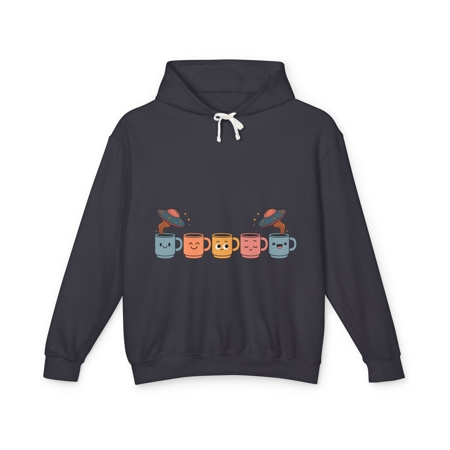 Quirky UFO Coffee Cup Lover's Hoodie, Unisex Lightweight Hooded Sweatshirt for Coffee Enthusiasts, Unique Coffee Shop Merch