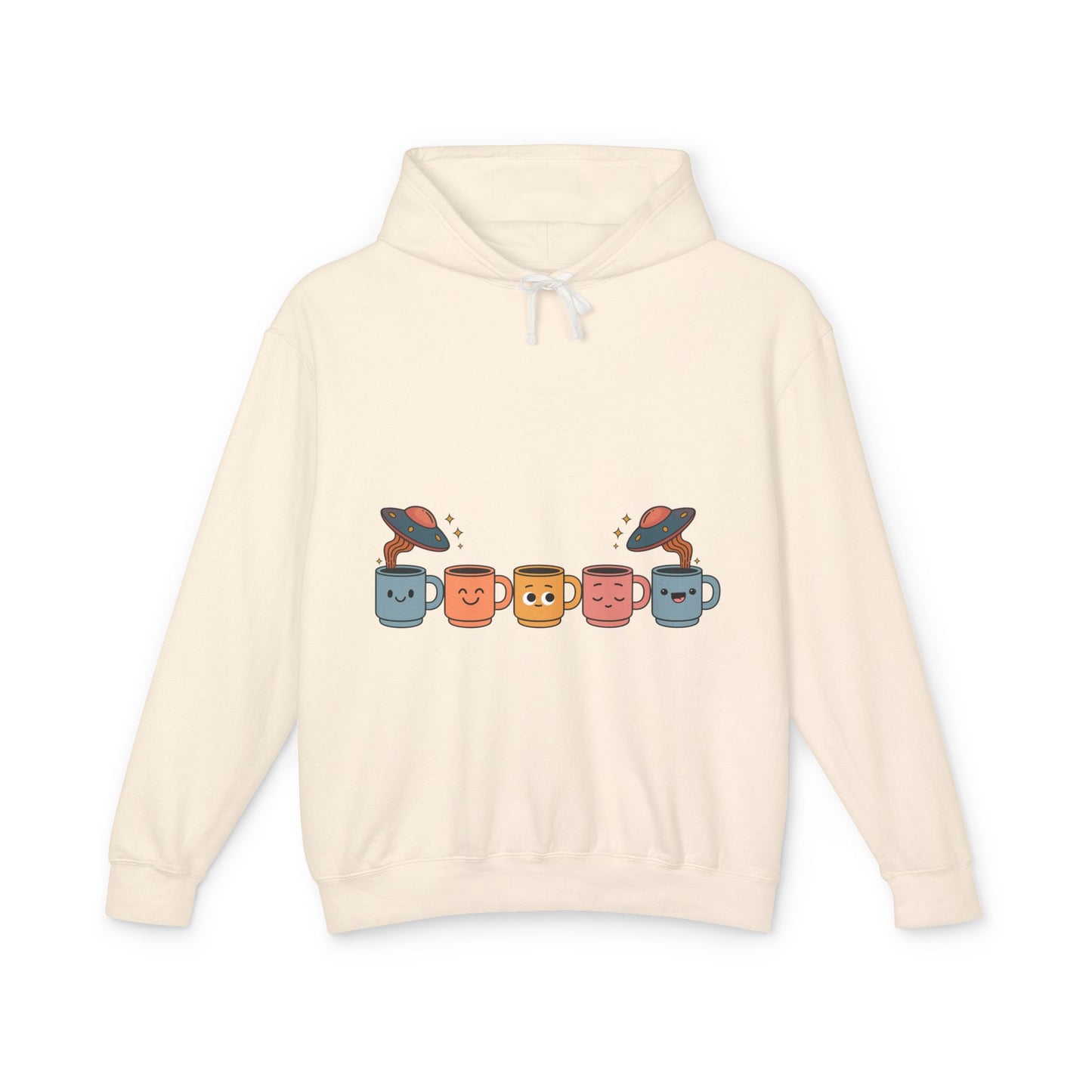 Quirky UFO Coffee Cup Lover's Hoodie, Unisex Lightweight Hooded Sweatshirt for Coffee Enthusiasts, Unique Coffee Shop Merch