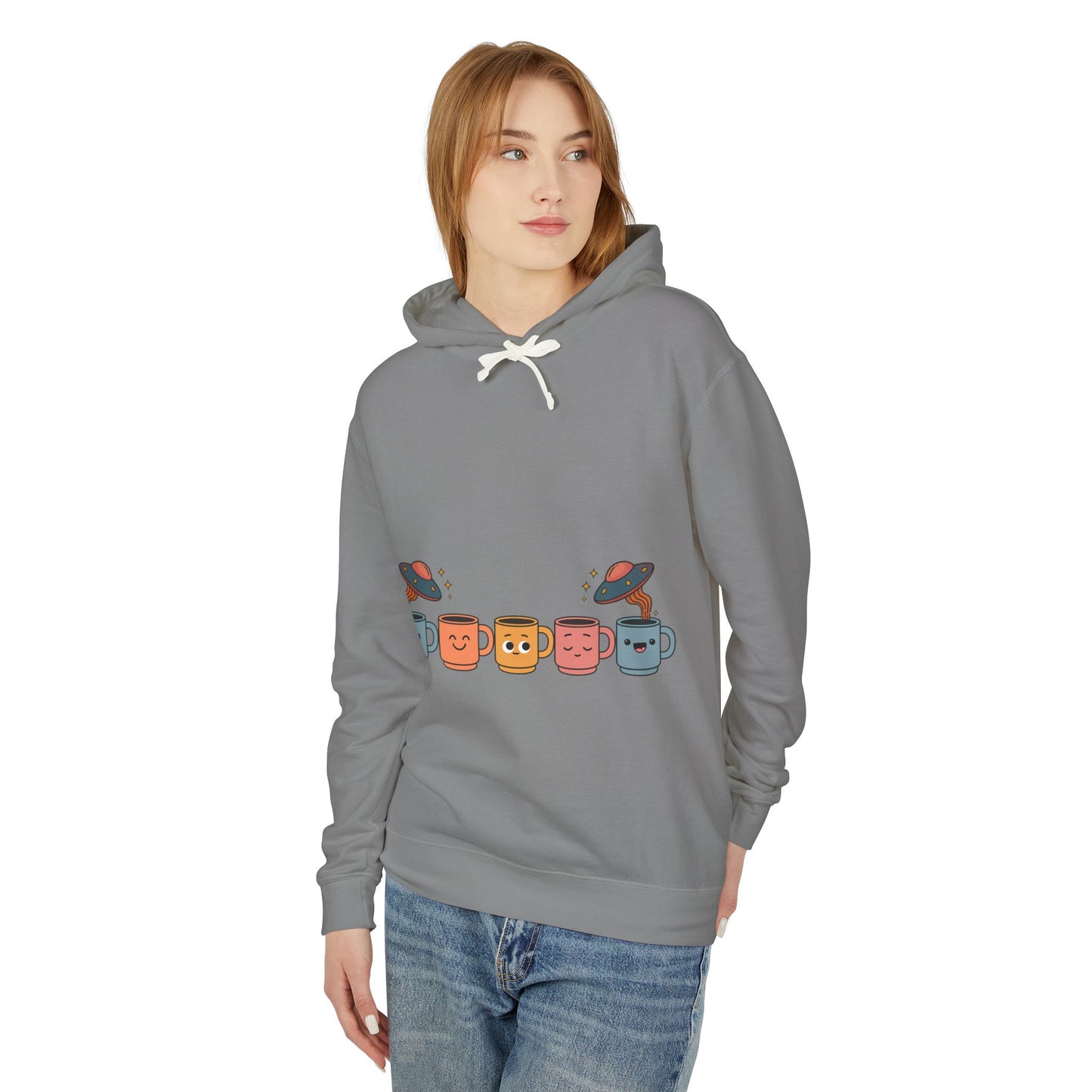 Quirky UFO Coffee Cup Lover's Hoodie, Unisex Lightweight Hooded Sweatshirt for Coffee Enthusiasts, Unique Coffee Shop Merch