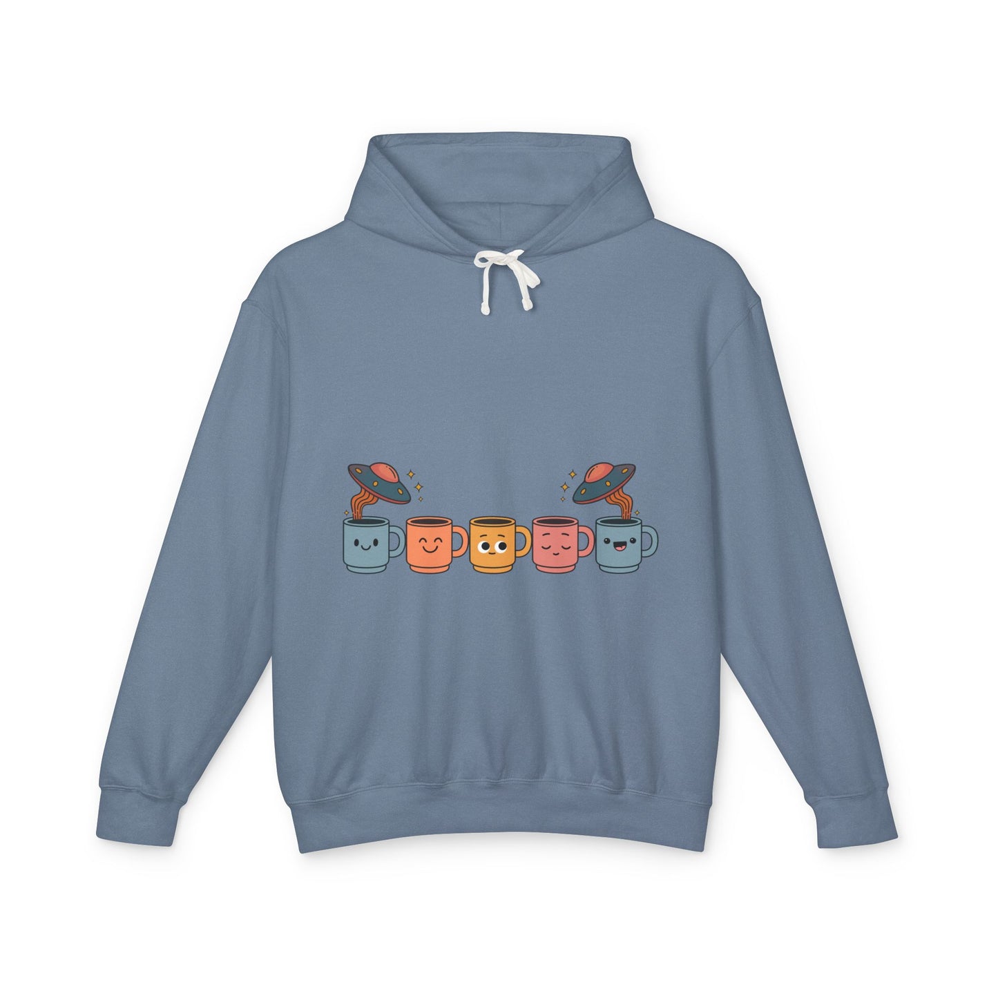 Quirky UFO Coffee Cup Lover's Hoodie, Unisex Lightweight Hooded Sweatshirt for Coffee Enthusiasts, Unique Coffee Shop Merch
