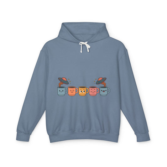 Quirky UFO Coffee Cup Lover's Hoodie, Unisex Lightweight Hooded Sweatshirt for Coffee Enthusiasts, Unique Coffee Shop Merch