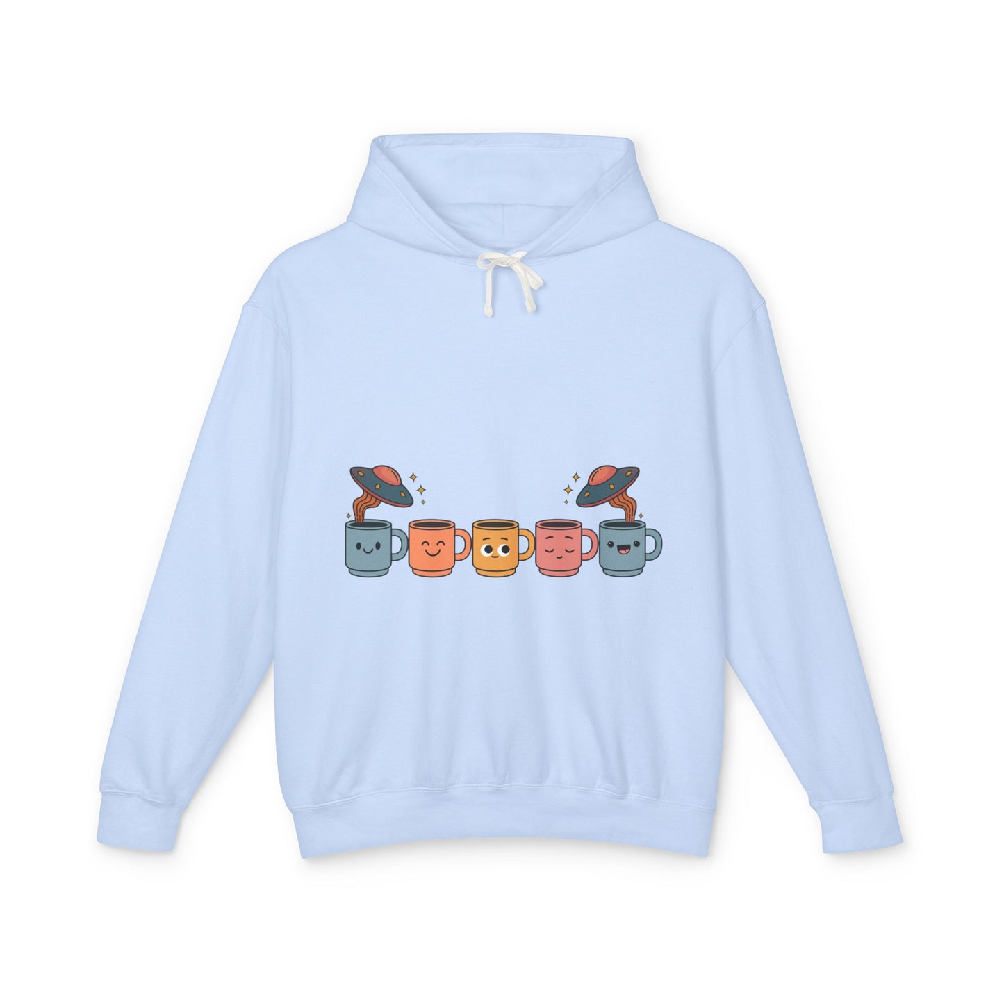 Quirky UFO Coffee Cup Lover's Hoodie, Unisex Lightweight Hooded Sweatshirt for Coffee Enthusiasts, Unique Coffee Shop Merch