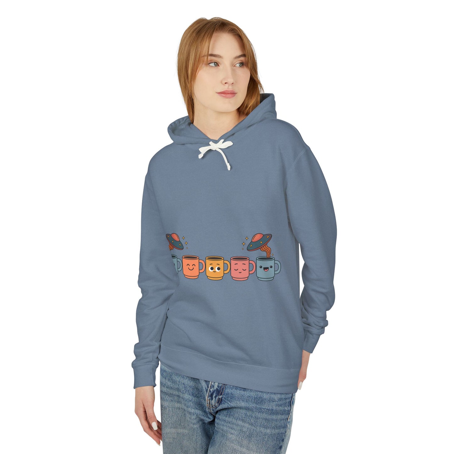Quirky UFO Coffee Cup Lover's Hoodie, Unisex Lightweight Hooded Sweatshirt for Coffee Enthusiasts, Unique Coffee Shop Merch