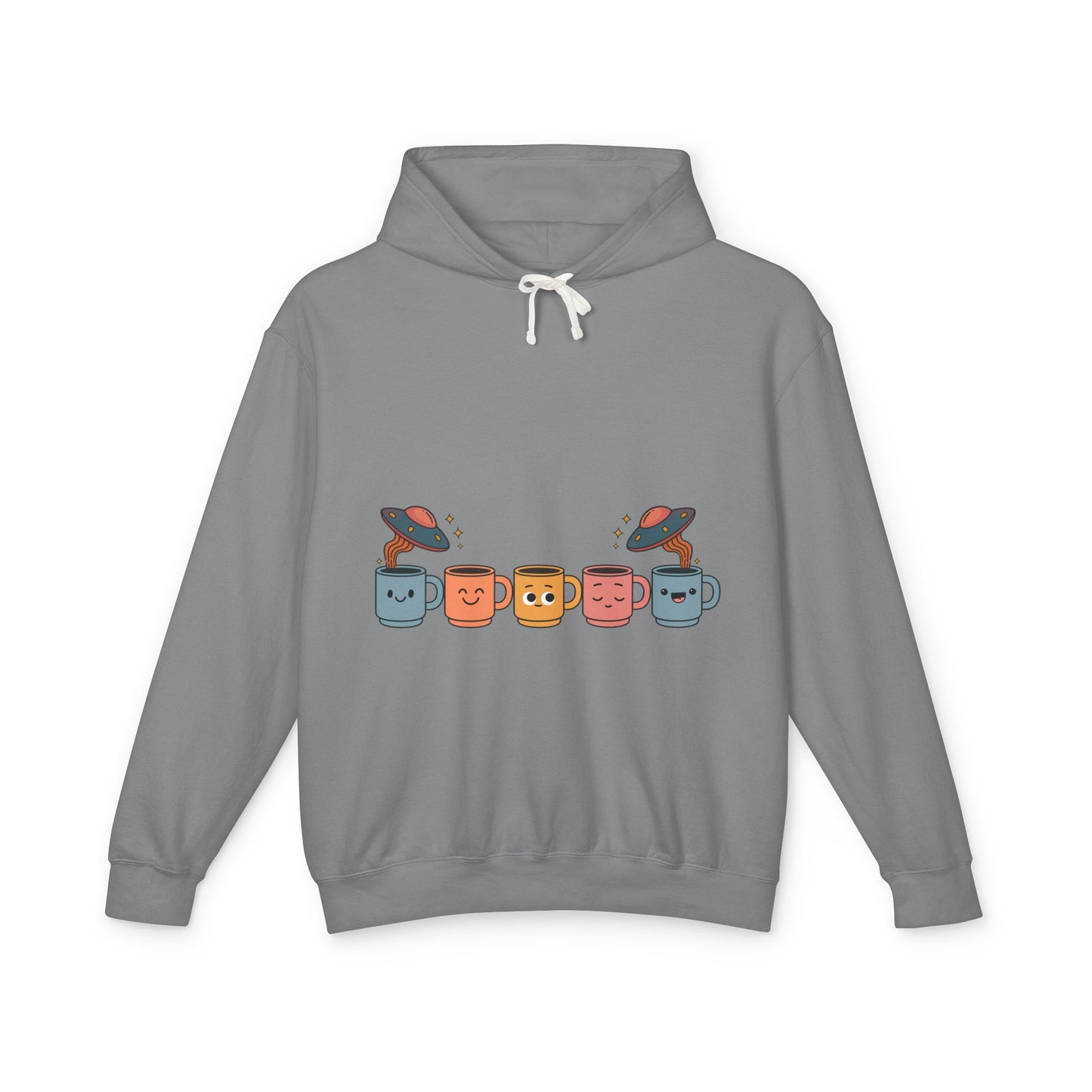 Quirky UFO Coffee Cup Lover's Hoodie, Unisex Lightweight Hooded Sweatshirt for Coffee Enthusiasts, Unique Coffee Shop Merch
