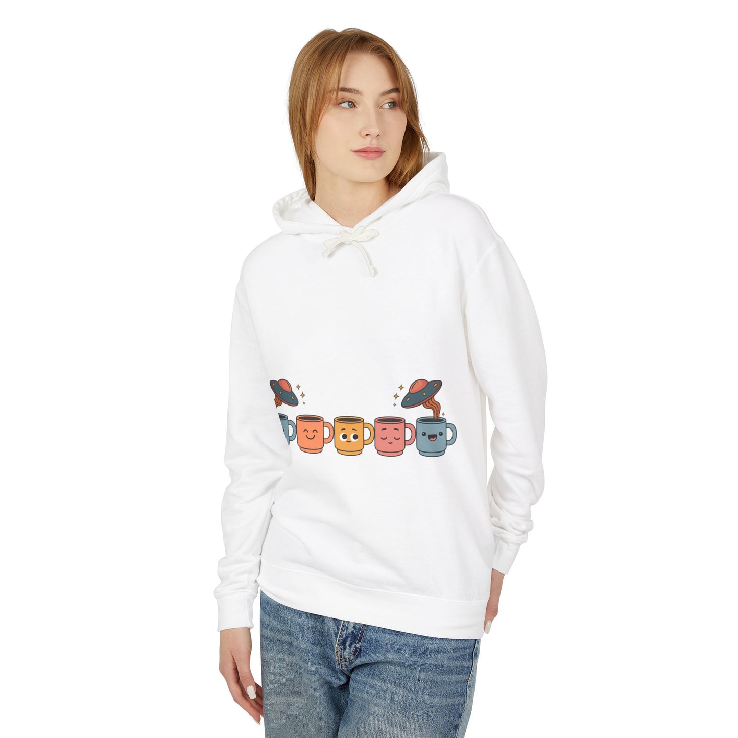 Quirky UFO Coffee Cup Lover's Hoodie, Unisex Lightweight Hooded Sweatshirt for Coffee Enthusiasts, Unique Coffee Shop Merch