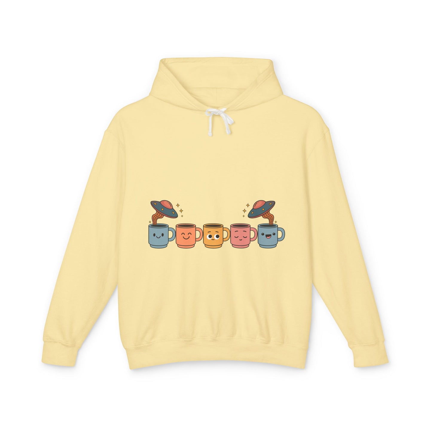 Quirky UFO Coffee Cup Lover's Hoodie, Unisex Lightweight Hooded Sweatshirt for Coffee Enthusiasts, Unique Coffee Shop Merch