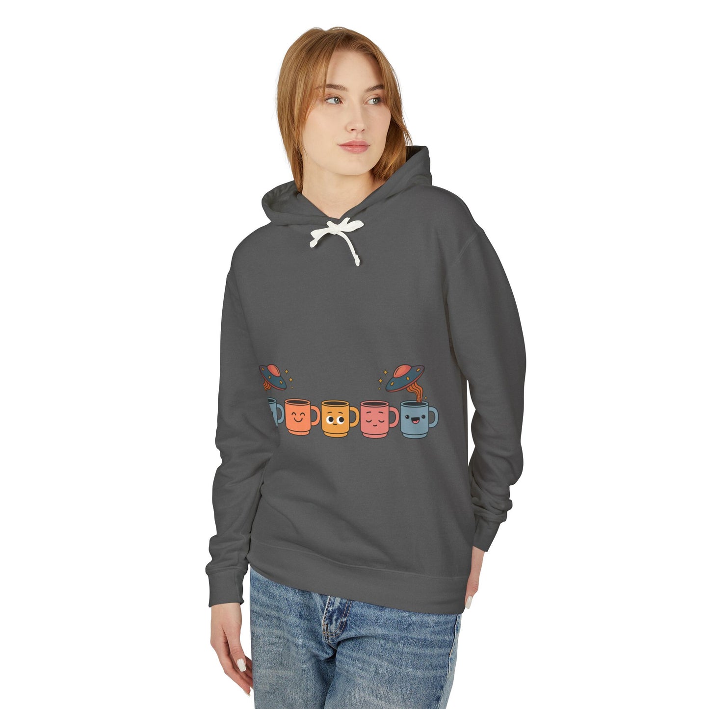 Quirky UFO Coffee Cup Lover's Hoodie, Unisex Lightweight Hooded Sweatshirt for Coffee Enthusiasts, Unique Coffee Shop Merch