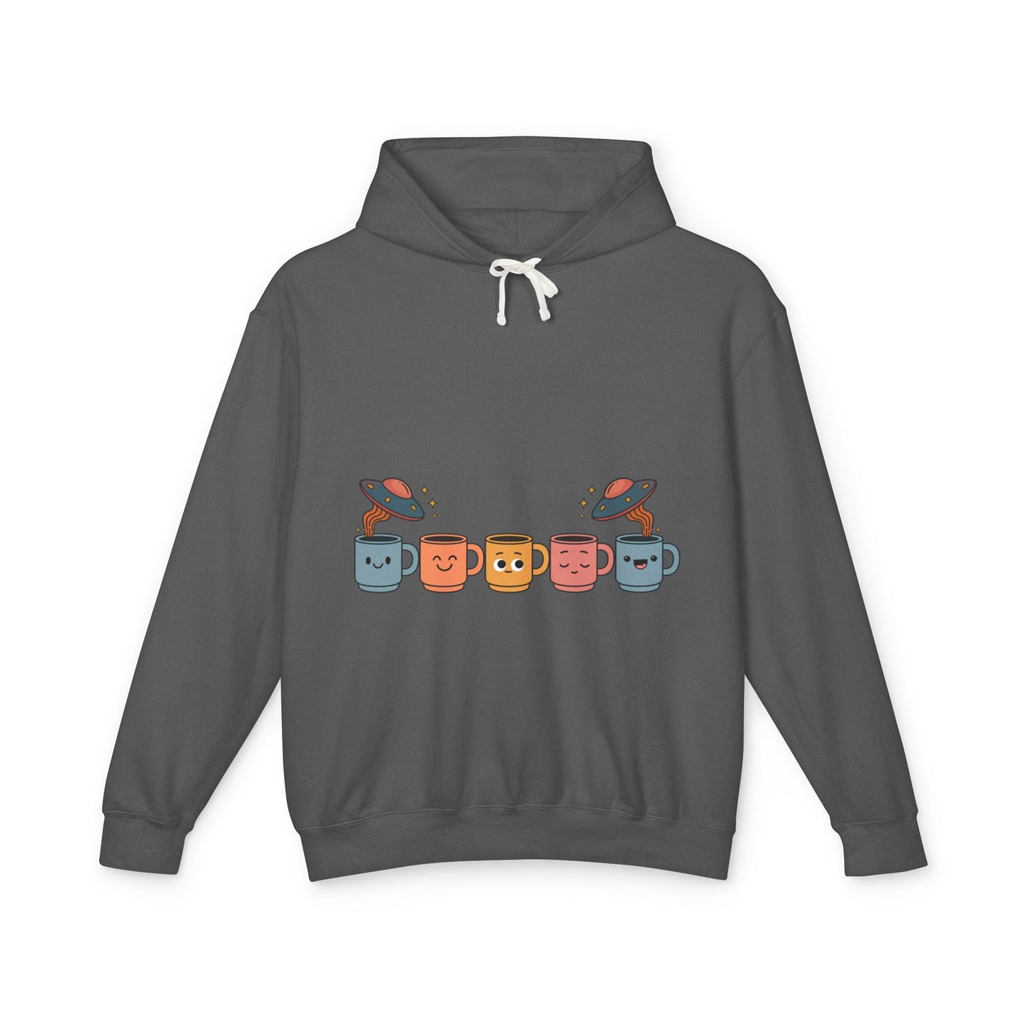 Quirky UFO Coffee Cup Lover's Hoodie, Unisex Lightweight Hooded Sweatshirt for Coffee Enthusiasts, Unique Coffee Shop Merch
