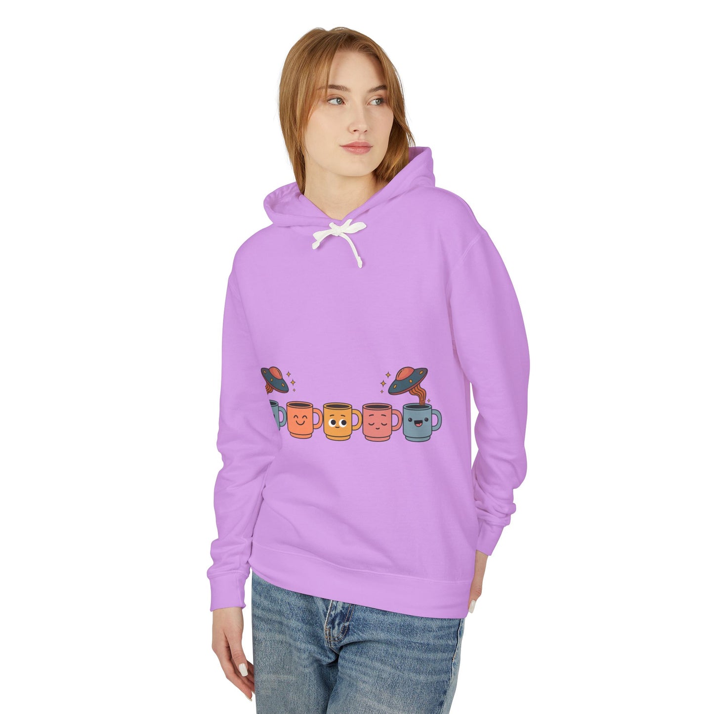 Quirky UFO Coffee Cup Lover's Hoodie, Unisex Lightweight Hooded Sweatshirt for Coffee Enthusiasts, Unique Coffee Shop Merch