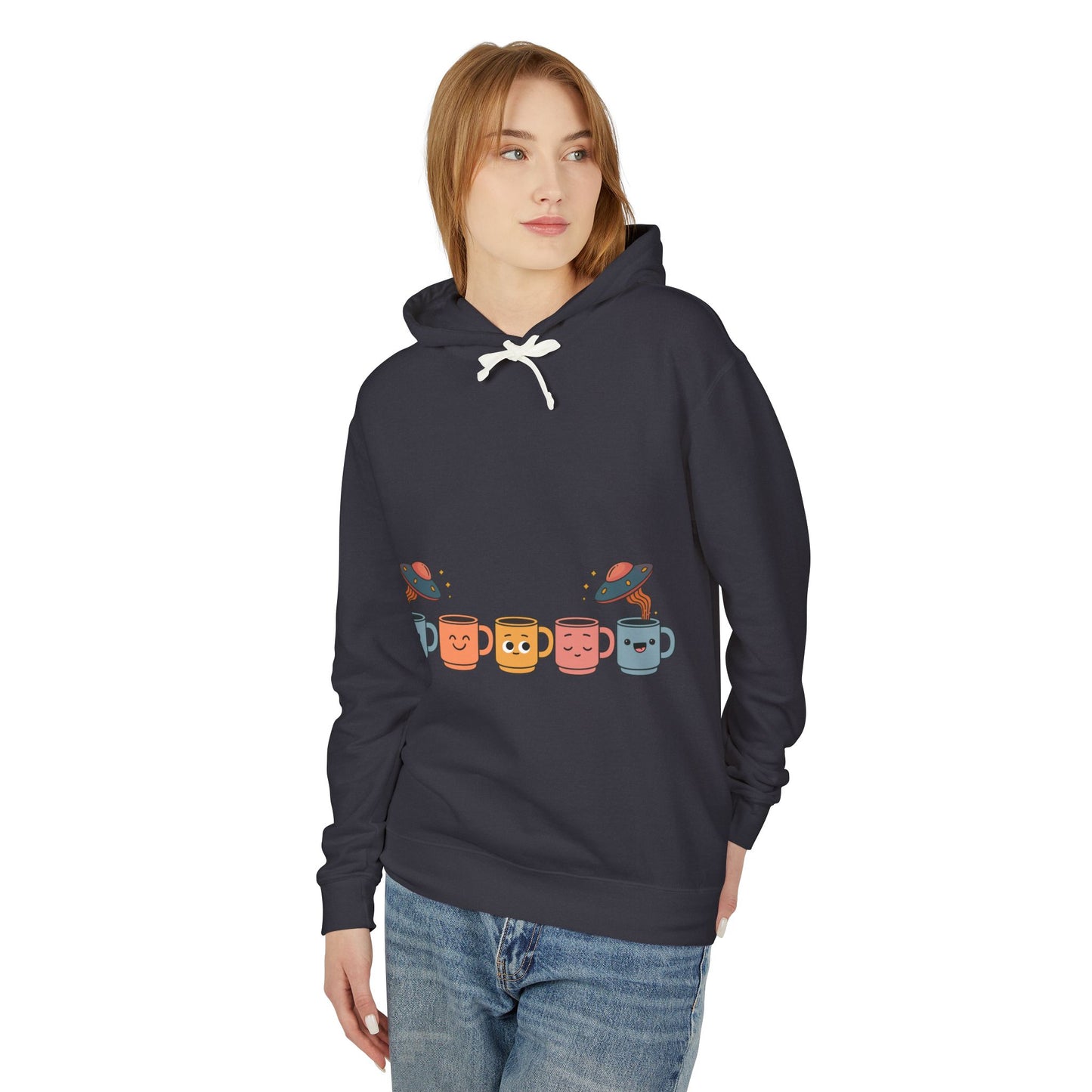 Quirky UFO Coffee Cup Lover's Hoodie, Unisex Lightweight Hooded Sweatshirt for Coffee Enthusiasts, Unique Coffee Shop Merch