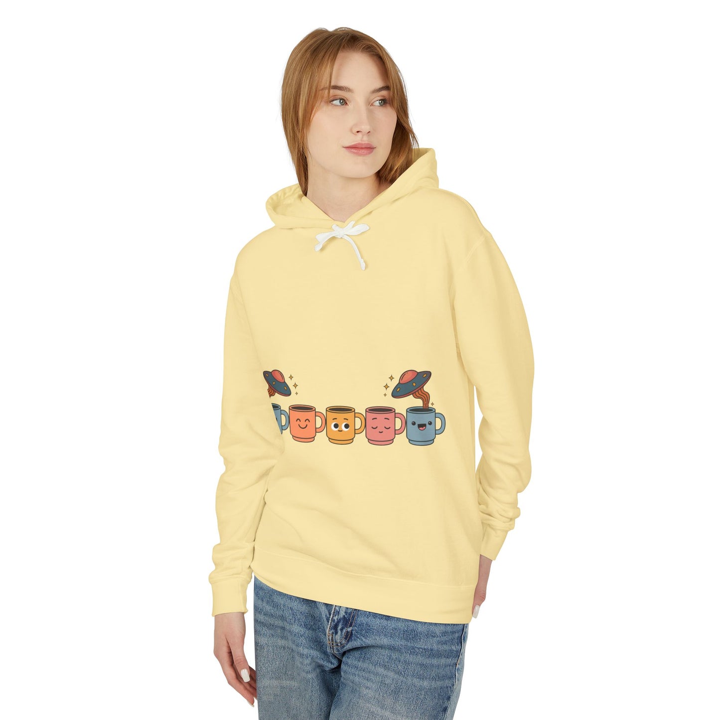 Quirky UFO Coffee Cup Lover's Hoodie, Unisex Lightweight Hooded Sweatshirt for Coffee Enthusiasts, Unique Coffee Shop Merch