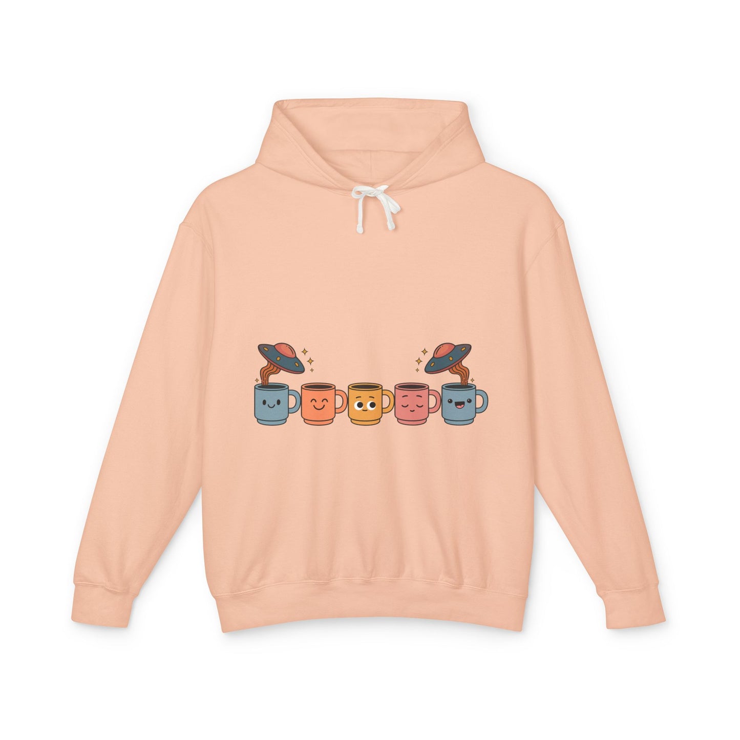 Quirky UFO Coffee Cup Lover's Hoodie, Unisex Lightweight Hooded Sweatshirt for Coffee Enthusiasts, Unique Coffee Shop Merch