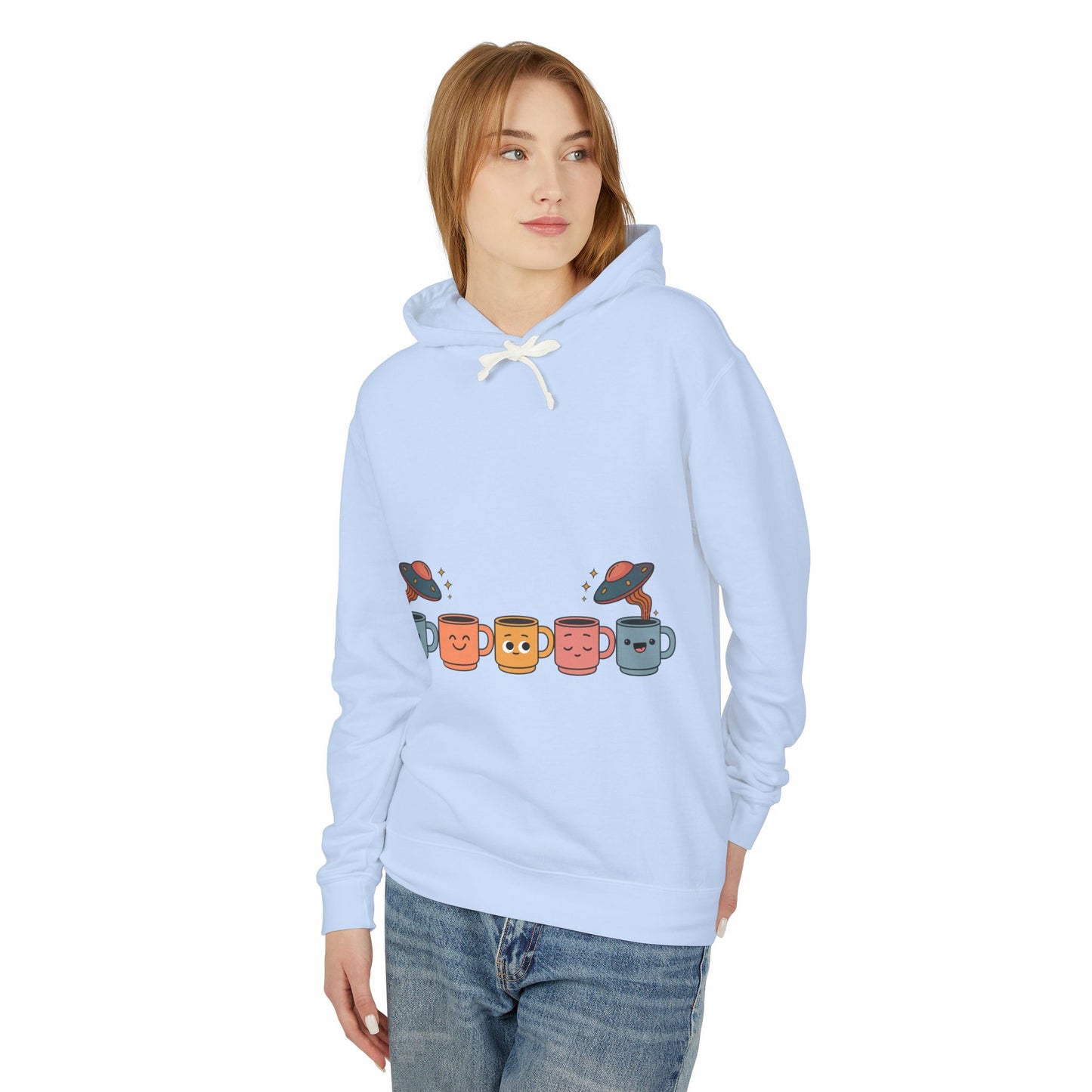 Quirky UFO Coffee Cup Lover's Hoodie, Unisex Lightweight Hooded Sweatshirt for Coffee Enthusiasts, Unique Coffee Shop Merch