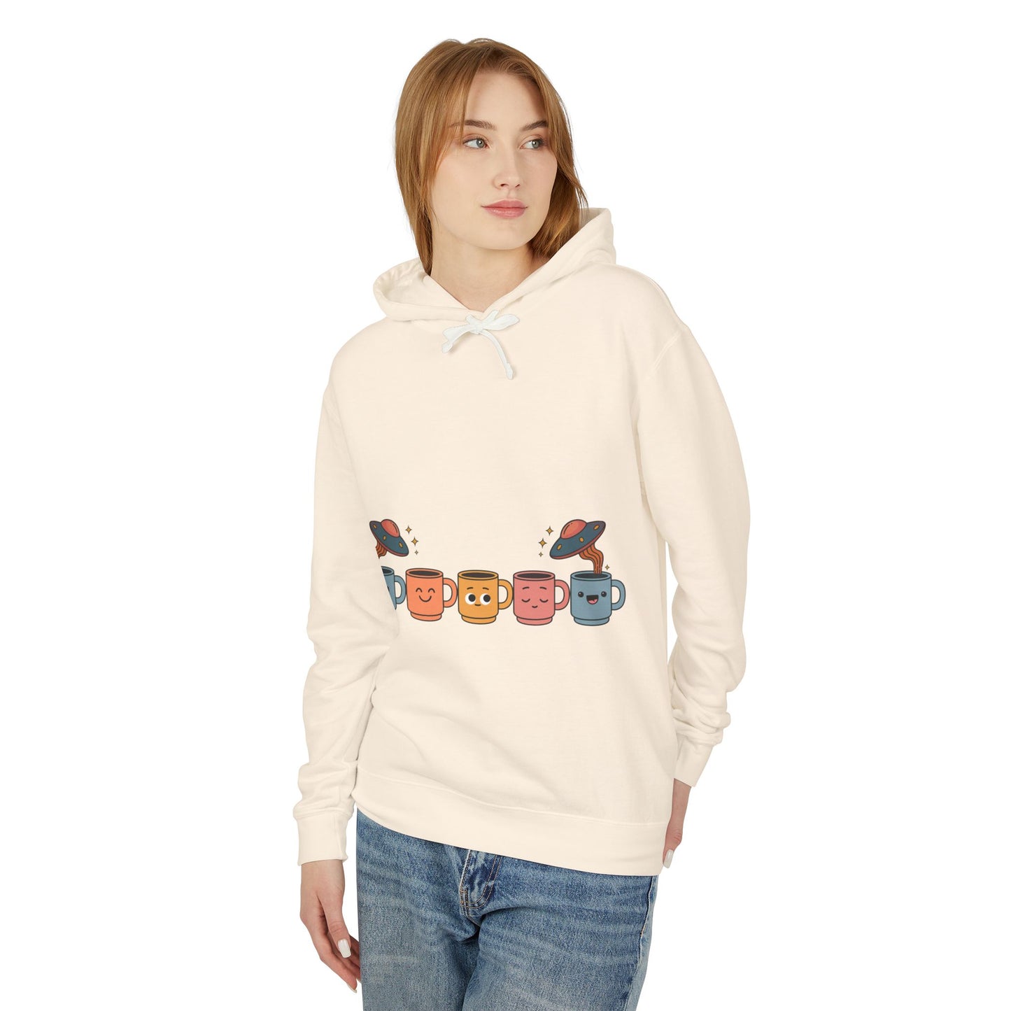 Quirky UFO Coffee Cup Lover's Hoodie, Unisex Lightweight Hooded Sweatshirt for Coffee Enthusiasts, Unique Coffee Shop Merch